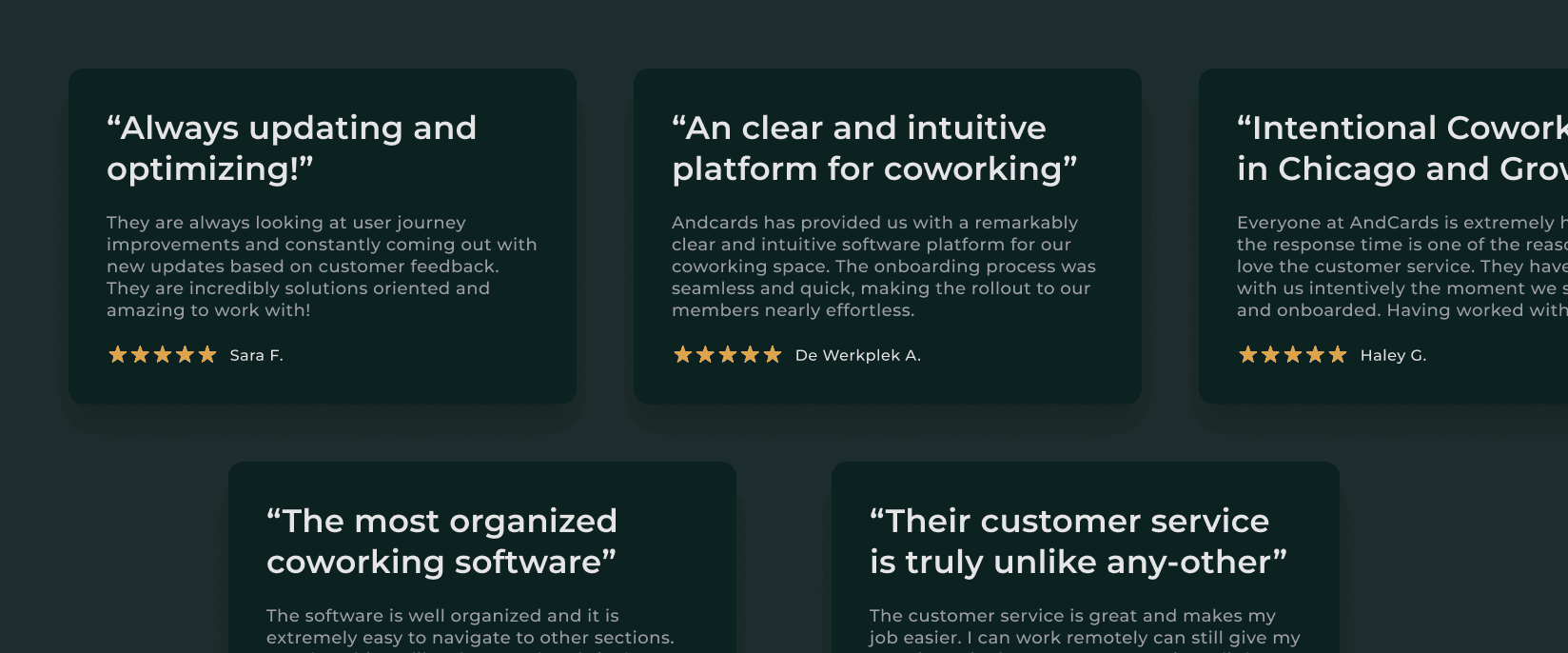 5-star customer reviews of andcards coworking space software on G2