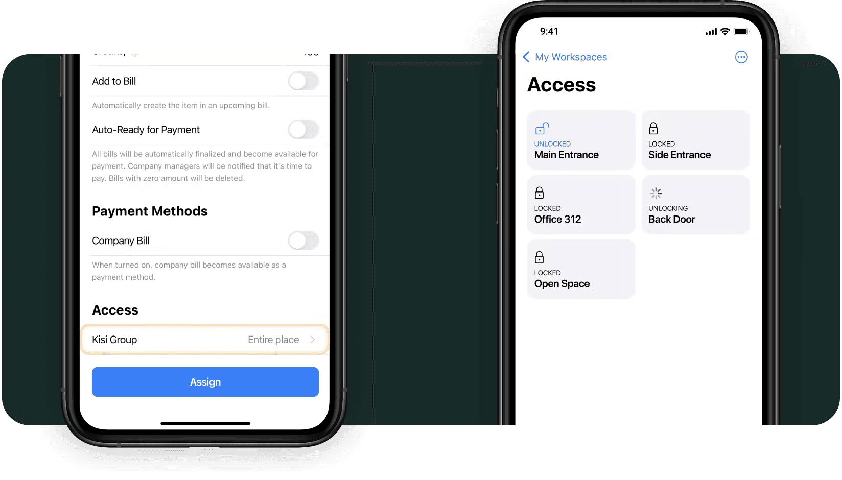 In-app door unlock inside andcards coworking space app