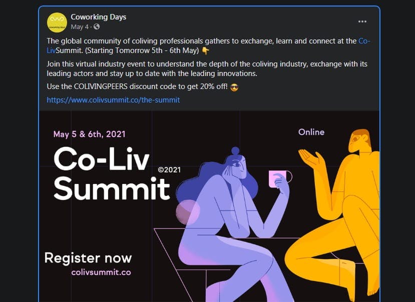 Global community of coliving professionals annual summit - Facebook post