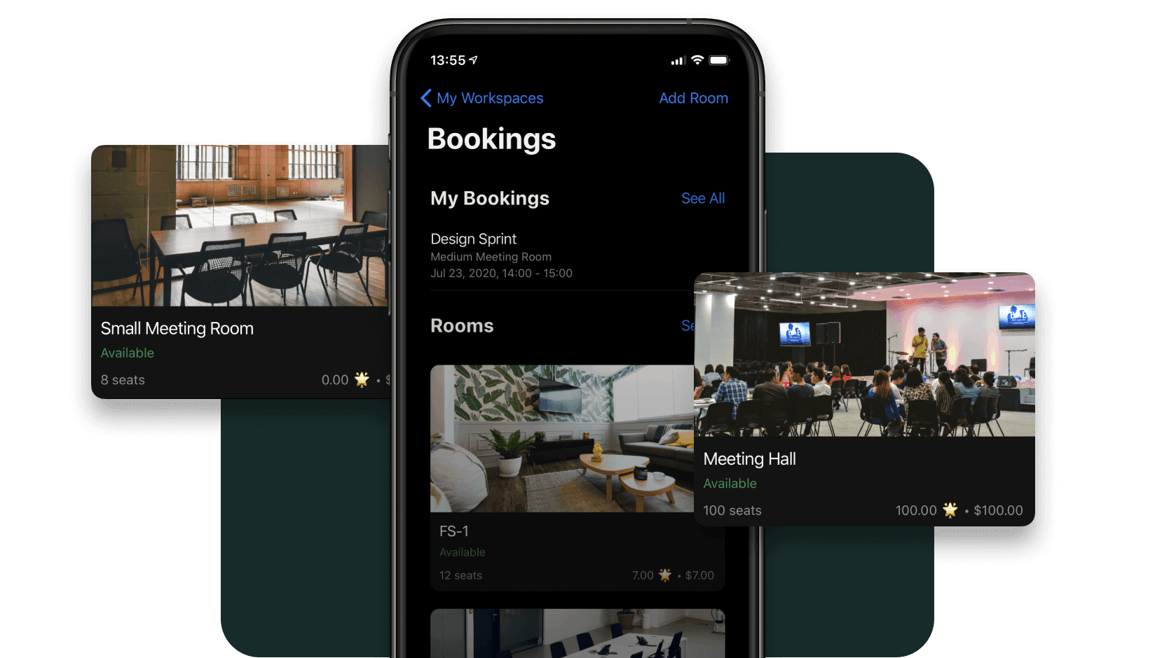 prices in credits for meeting room booking at a coworking space - Spacebring app 