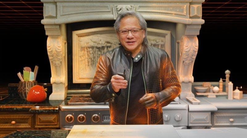A virtual Nvidia CEO Jansen Huang delivers a keynote from his virtual kitchen