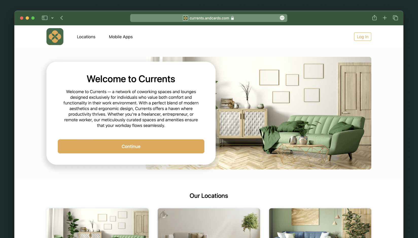 Landing page on andcards coworking space software