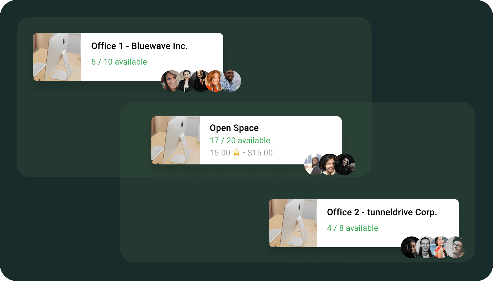 Availability of desks at a coworking space by office and in the open space on andcards coworking space software 