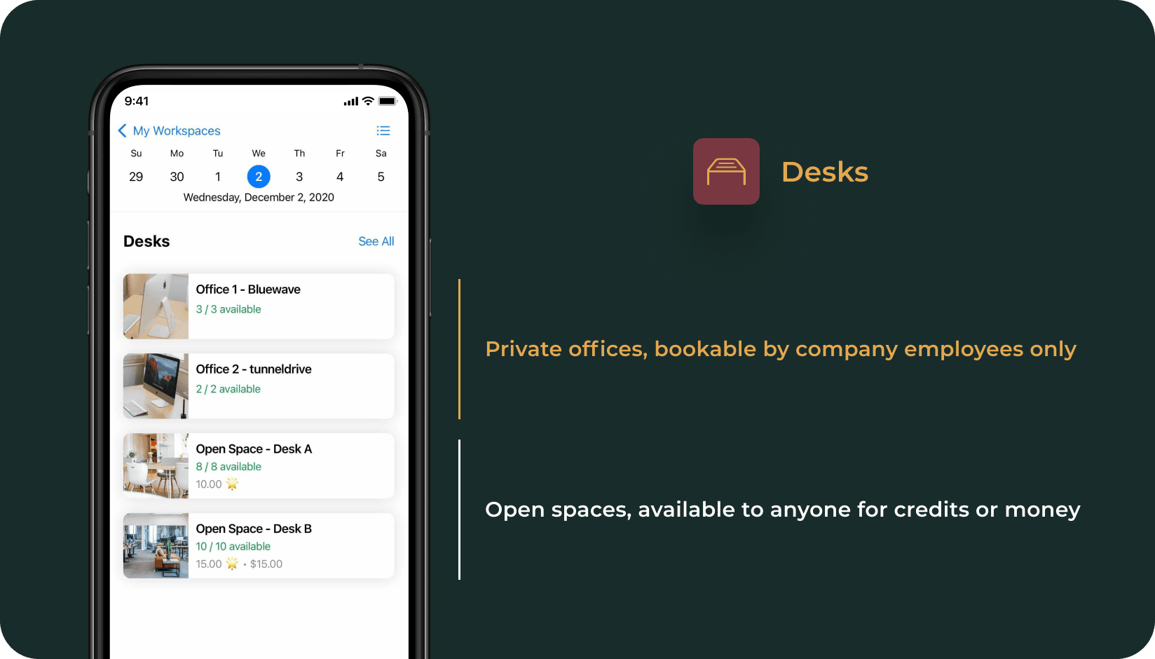 Desks in private offices and in the open space displayed on andcards coworking space app 