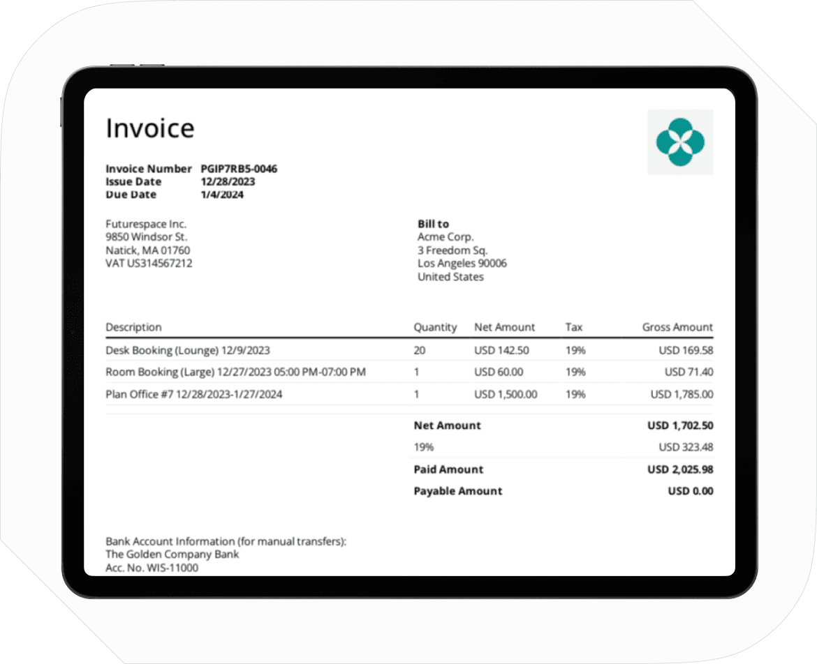 Invoice on Spacebring coworking space management software